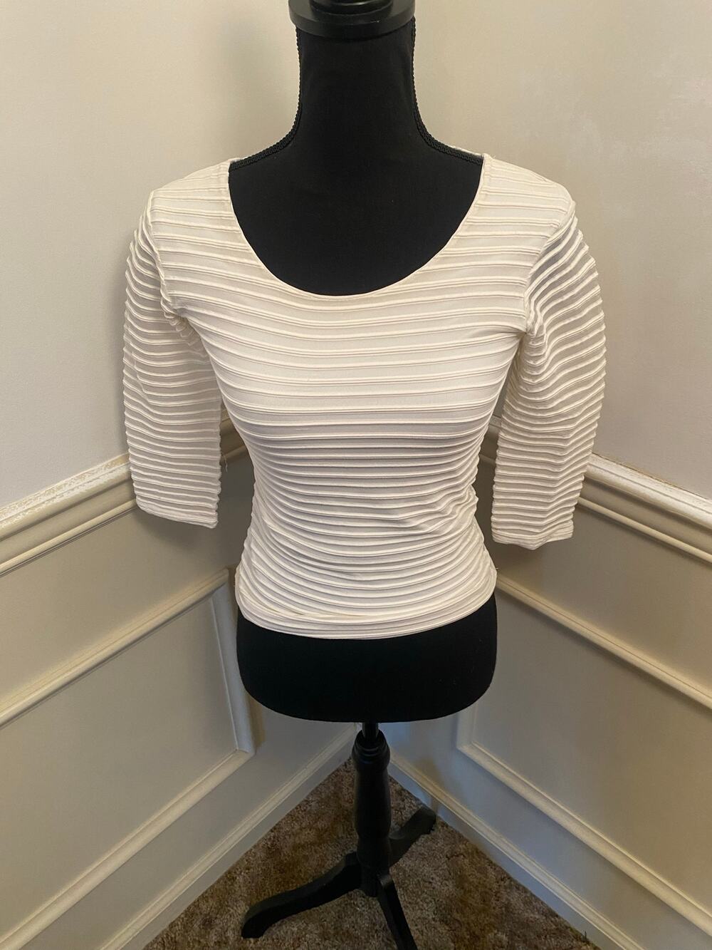 Stripe by Rayure Paris Cream Bouse Fitted Sheer Textured Top 3/4 Sleeve Y2K
